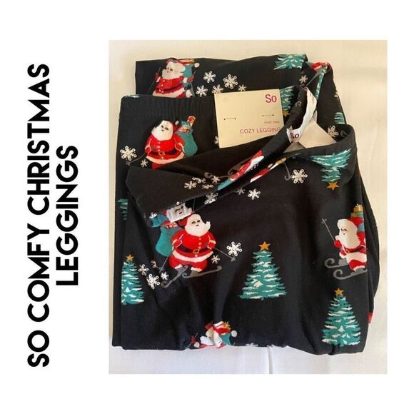 So Mid Rise Comfy Christmas Leggings Santa Skiing Size Large-NWT - Picture 1 of 11